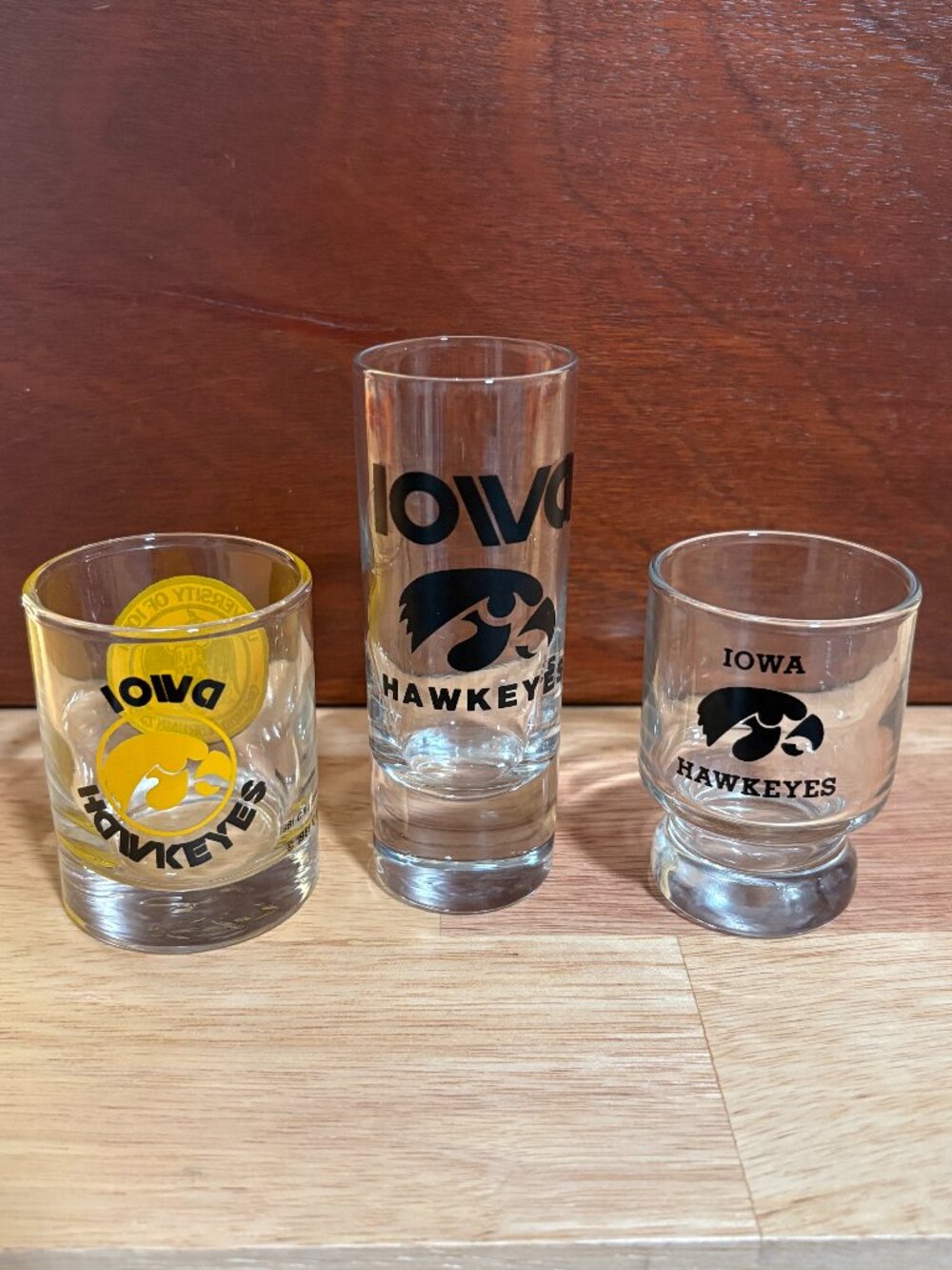 Iowa Hawkeyes shot glasses. Lot of 3. Never used.